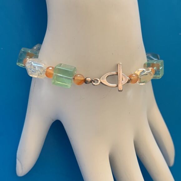 Vintage sterling silver agate Quartz semi precious stone bracelet 7.5” long - Picture 11 of 12